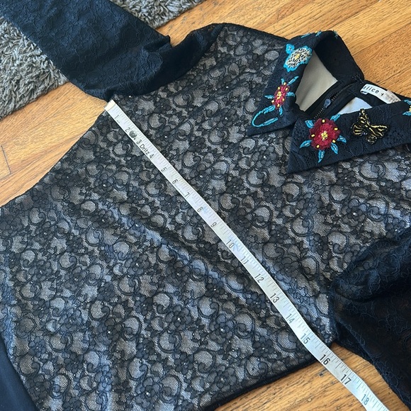 ALICE + OLIVIA Collared Beaded Bodysuit Long Black Lace Top Floral Embroidery M - Picture 12 of 14